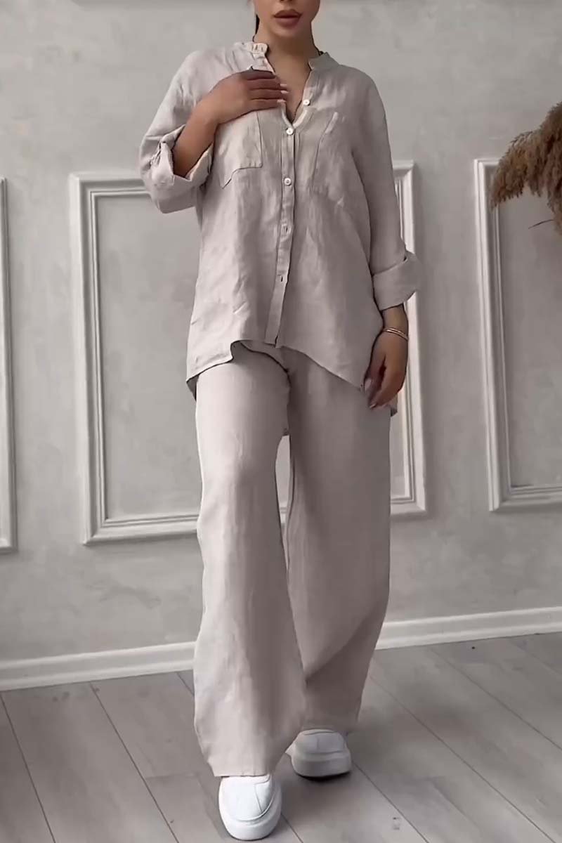 Solid Cotton and Linen Pants Two-Piece Set