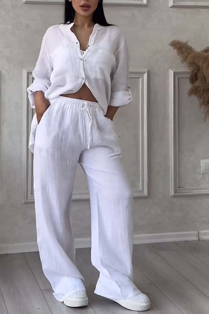 Solid Cotton and Linen Pants Two-Piece Set