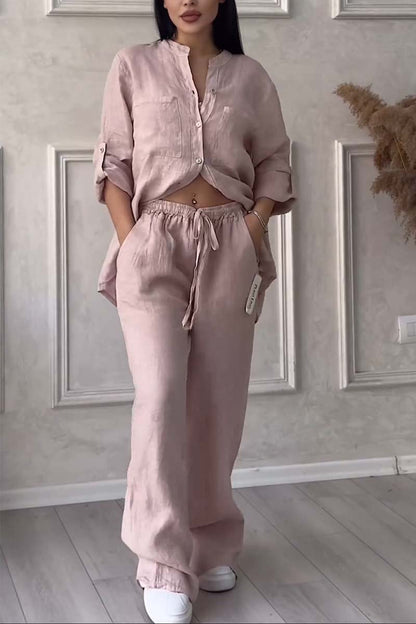 Solid Cotton and Linen Pants Two-Piece Set